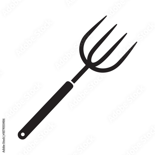 Simple black and white illustration of a garden pitchfork tool