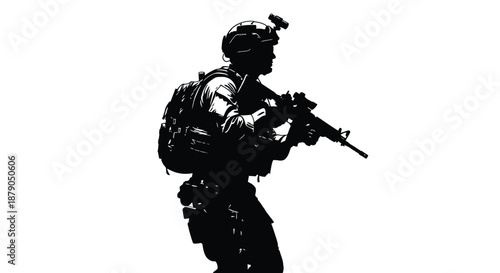 A soldier in full gear stands ready with a rifle in a defensive position.