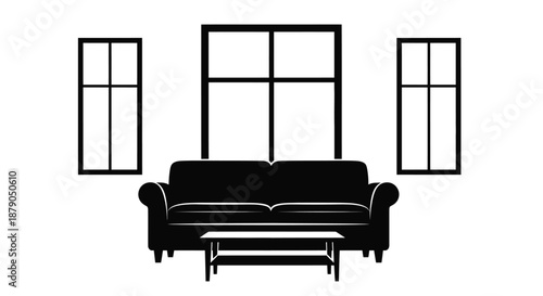 A minimalist living room with a black couch and coffee table in front of large windows