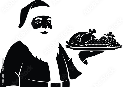 A black and white illustration of Santa Claus holding a platter of food
