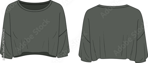 Dark Grey Oversized Cropped Top CAD Drawing Flat Vector Front and Back View Featuring Wide Round Neck Puff Balloon Sleeves and Boxy Silhouette Template