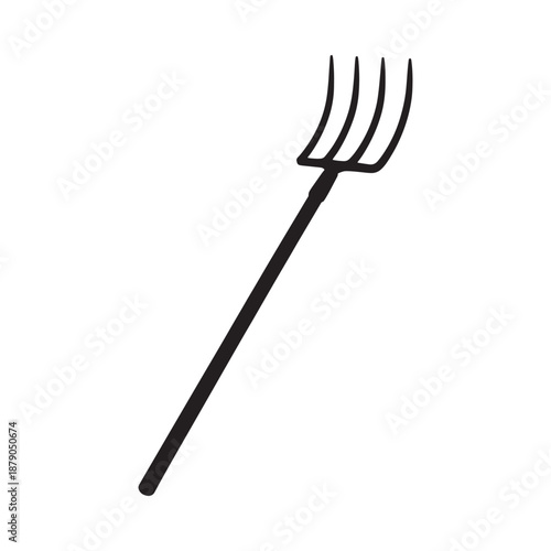 Simple black and white illustration of a gardening pitchfork on white background