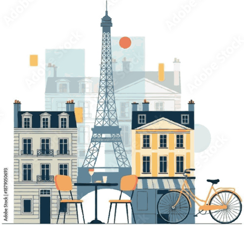 Charming Parisian street scene with iconic Eiffel Tower, cafe, and bicycle, evoking the essence of French travel and culture