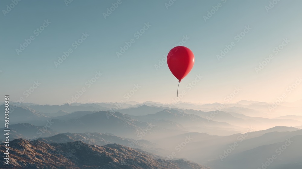 Fototapeta premium Bright Red Balloon Floating High Above Majestic Mountain Scenery Under Clear Sky at Dawn