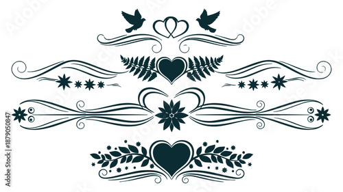 black decorative heart and leaf ornamental design elements