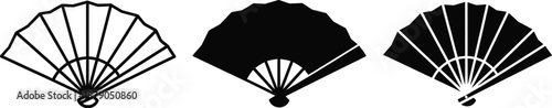 Three black and white hand fans on a plain background