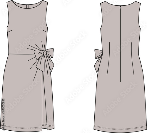 Beige Sleeveless Sheath Dress CAD Drawing Flat Vector with Side Bow Detail Front and Back View Featuring Skirt Slit and Back Zipper Template