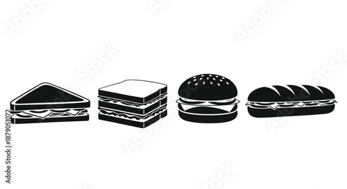 A black and white illustration of various types of sandwiches on a plain background