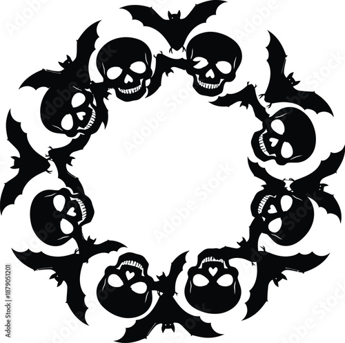 A spooky Halloween-themed border of black bats and skulls on a white background
