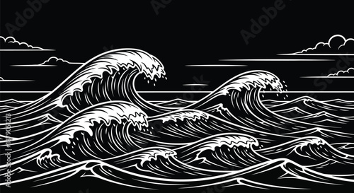 A black and white illustration of large ocean waves crashing against a dark background with clouds