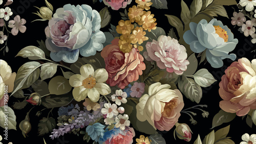 Dramatic floral vector pattern with various flowers in blue, pink, and orange on a rich black background for design, elegant fabrics, and luxurious home decor.