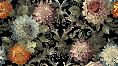 Dramatic floral vector pattern with various flowers in blue, pink, and orange on a rich black background for design, elegant fabrics, and luxurious home decor.