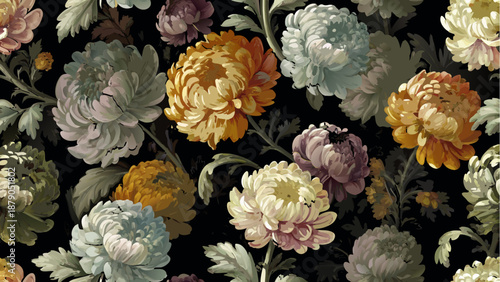 Dramatic floral vector pattern with various flowers in blue, pink, and orange on a rich black background for design, elegant fabrics, and luxurious home decor.