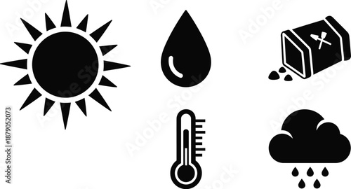 A graphic illustration of various weather and temperature icons on a white background