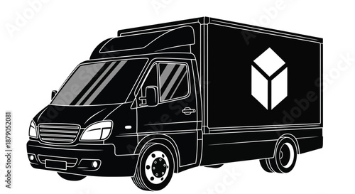 A black delivery truck with a white logo on the side is parked on a plain background