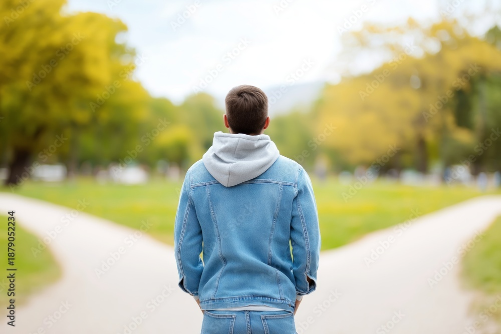 Obraz premium Thoughtful person standing at a crossroads path in a park reflecting on life choices