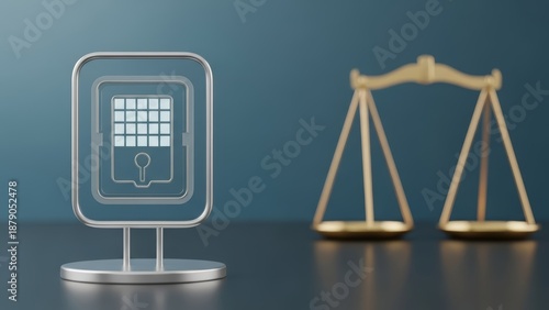 Digital Security and Justice System Concept Illustrating Legal Protection and Data Safety with a Futuristic Safe Icon and Classic Scales of Law