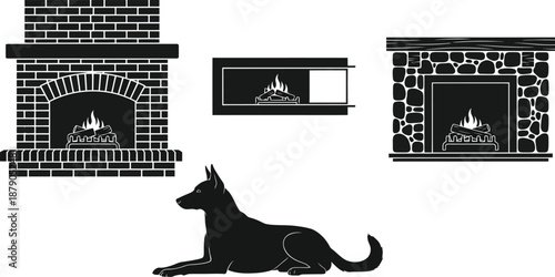 A black dog lying in front of various fireplace designs on a white background