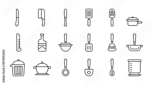 Collection of black outline kitchen utensil icons, including knives, spatulas, pots, bottles, and measuring cups, on a white background.
