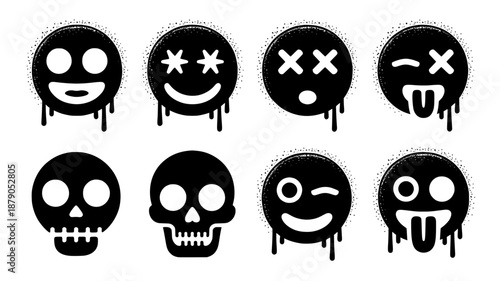 Set of eight black graffiti-style emojis and skull icons with dripping effect, flat design, clean vector art, isolated on white background.