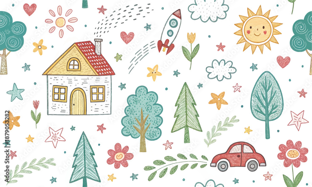 Fototapeta premium Cute hand drawn seamless doodle pattern with pastel houses, cars, trees, flowers, clouds and sun. Whimsical kids village illustration for nursery, fabric, wallpaper and children design.