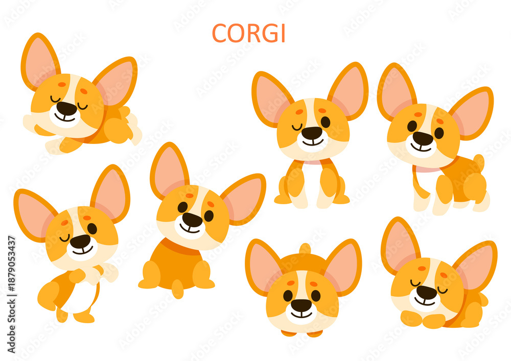 Obraz premium A set of cartoon corgi dogs in different poses