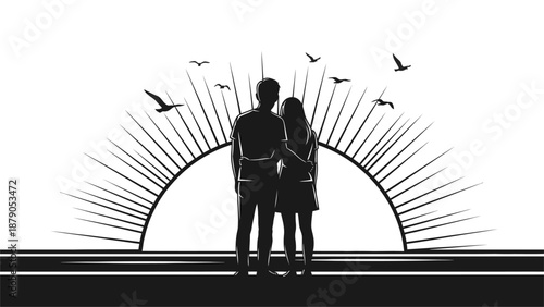 Romantic couple silhouette watching sunrise or sunset at the beach.