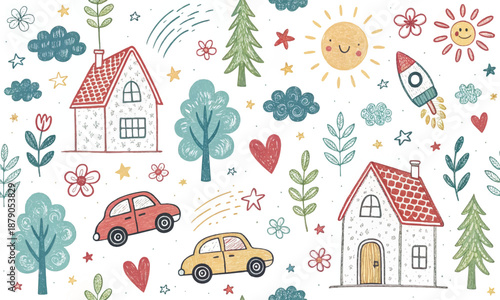Cute hand drawn seamless doodle pattern with pastel houses, cars, trees, flowers, clouds and sun. Whimsical kids village illustration for nursery, fabric, wallpaper and children design.
