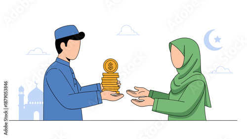 Muslim man giving gold coins to a woman in hijab, Islamic charity or zakat concept