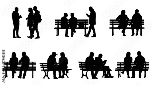 Vector illustration of silhouettes representing business people and a couple sitting at a cafe table for a romantic dinner or professional meeting in a restaurant