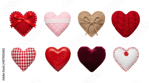 Heart set including textile, wooden, velvet, and knitted textures isolated. Decorative ornaments for Valentine's Day and wedding themes.