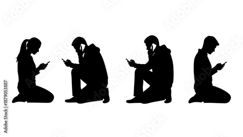 Vector illustration of a business team and family group silhouettes including a woman, child, and businessman walking and dancing as a crowd