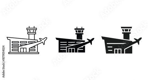 A set of airport control tower icons in different shades of black and white