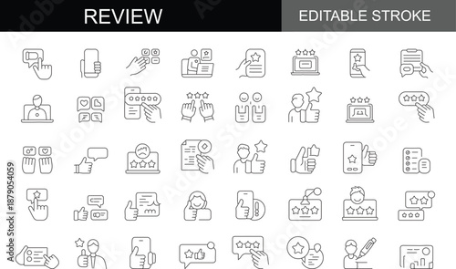 Review and Rating Editable Stroke Icon Set – Line Vector Collection of Feedback, Star Rating, Comments, Testimonials, Customer Satisfaction, Survey, and User Opinion Symbols for UI/UX, Web, and App De