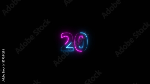 Glowing neon number 20 illustration . 20 number neon text black background illustration.