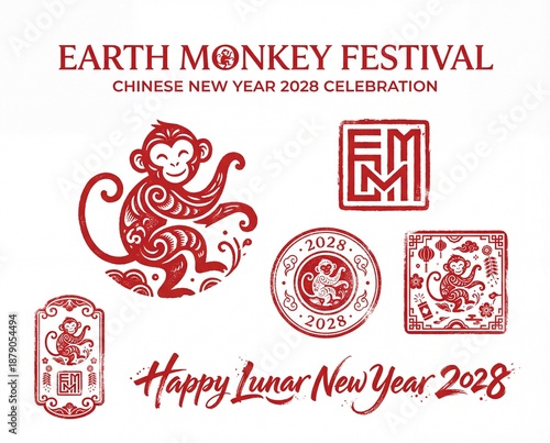 Celebrate Lunar New Year 2028 with vibrant Earth Monkey Festival symbols and artistic designs showcasing cultural traditions