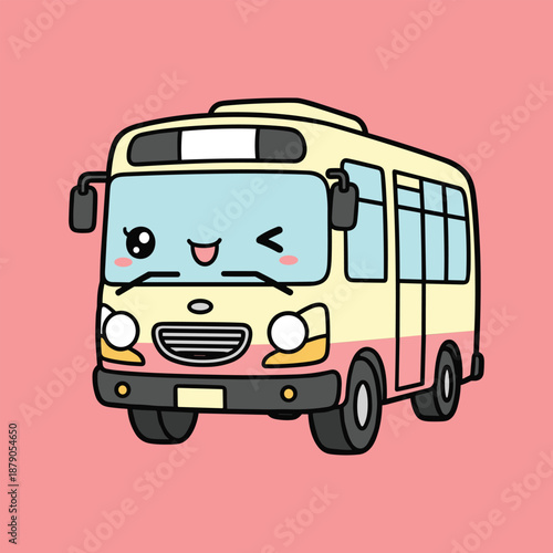 Cute cartoon bus with a happy face on a pink background
