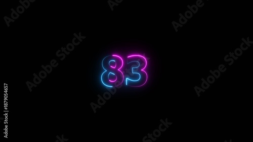Glowing neon number 83 illustration . 83 number neon text black background illustration.