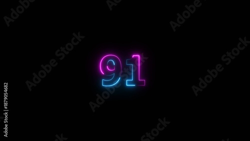 Glowing neon number 91 illustration . 91 number neon text black background illustration.