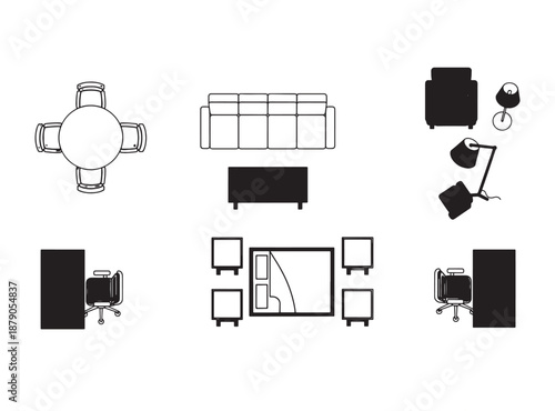 Furniture Outline Top View Icons Set – Thin Line Floor Plan Symbols for Interior & Architecture