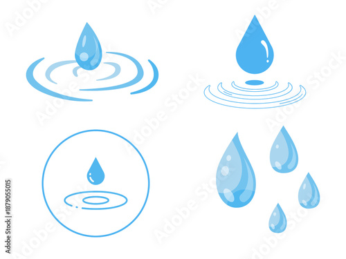 Set of water droplets icons showing splash drops, liquid drops, rain drops, and freshness symbols.