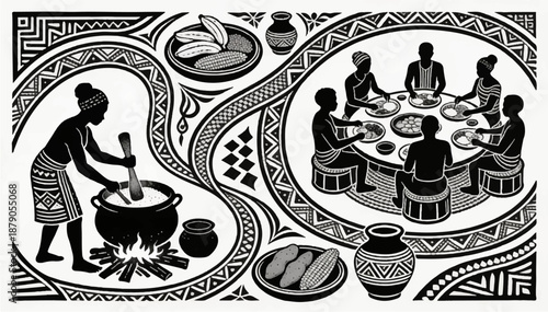A black and white vector illustration with an intricate African-style design that intertwines scenes of culinary traditions and community.