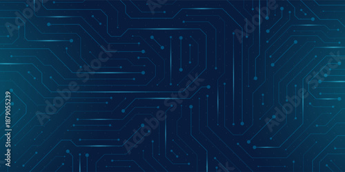 Glow effect AI circuit board with blue data lines and a central microchip hub. This futuristic technology pattern represents artificial intelligence architecture and smart quantum power systems.