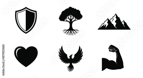 A collection of six black and white icons featuring a shield, tree, mountains, heart, bird, and flexed arm.