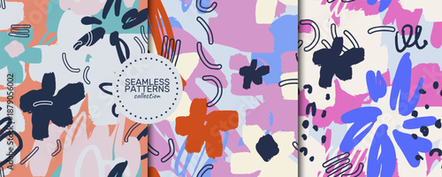 Set of seamless abstract floral vector patterns with modern organic shapes and expressive hand painted textures. Trendy contemporary collection inspired by playful artistic aesthetics