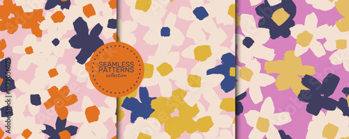 Set of seamless abstract floral vector patterns with with playful hand drawn flowers. Perfect for fashion textiles, fabric prints, wallpaper, packaging, branding, stationery 