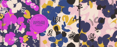 Set of seamless abstract floral vector patterns with modern organic shapes and expressive hand painted textures. Trendy contemporary collection inspired by playful artistic aesthetics
