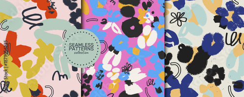 Set of seamless abstract floral vector patterns with modern organic shapes and expressive hand painted textures. Trendy contemporary collection inspired by playful artistic aesthetics