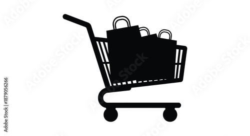 A shopping cart filled with bags on a white background