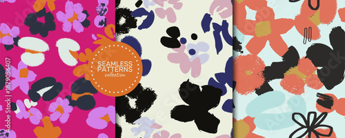 Set of seamless abstract floral vector patterns with modern organic shapes and expressive hand painted textures. Trendy contemporary collection inspired by playful artistic aesthetics